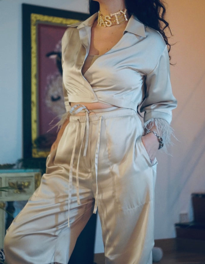 Taupe Silk Cargo Pants